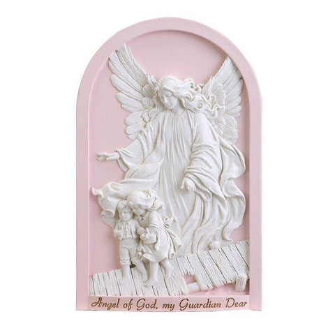 Pink Guardian Angel Resin Plaque - 12" H - Saint-Mike.org