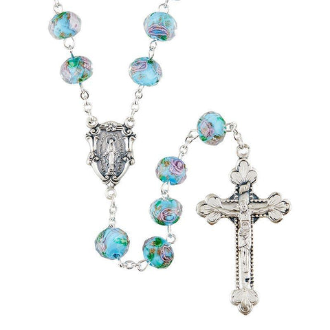 Hand-Painted Aqua Glass Rosary (Murano Collection) - 8x10 mm Bead - Saint-Mike.org