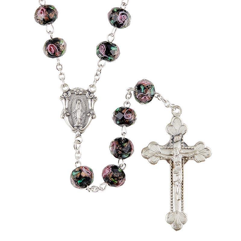 Hand-Painted Black Glass Rosary (Murano Collection) - 8x10 mm Bead - Saint-Mike.org
