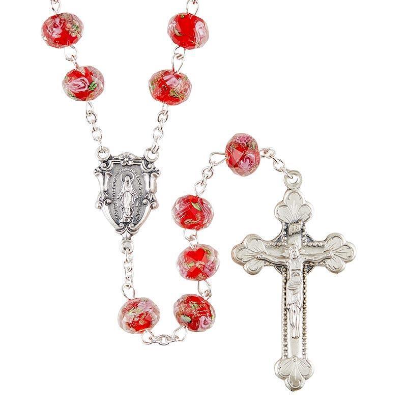 Hand-Painted Ruby Glass Rosary (Murano Collection) - 8x10 mm Bead - Saint-Mike.org