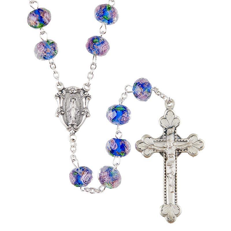 Hand-Painted Sapphire Glass Rosary (Murano Collection) - 8x10 mm Bead - Saint-Mike.org