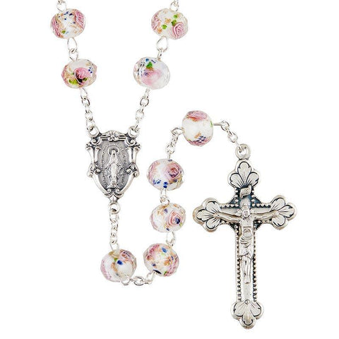 Hand-Painted White Glass Rosary (Murano Collection) - 8x10 mm Bead - Saint-Mike.org
