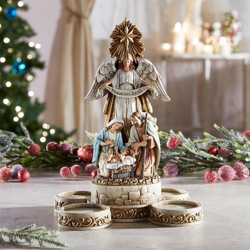 Holy Family Nativity Advent Wreath Votive Candle Holder - 10" H - Saint-Mike.org