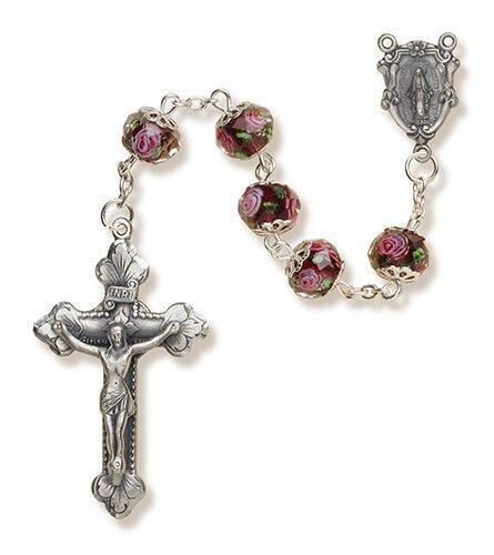 Italian Hand-Painted Glass Rosary (Amethyst) - 8x10mm Bead - Saint-Mike.org