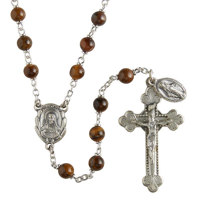 Italian Semi-Precious Lock-Link Rosary (Tiger Eye) - 6mm Bead - Saint-Mike.org