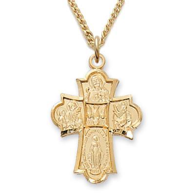 Gold Four-way Medal Tapered .75" Cross Pendant - 18" Chain - Saint-Mike.org