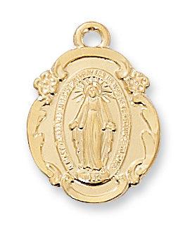 Gold Miraculous Medal .75" Flowery Border - 18" Chain - Saint-Mike.org