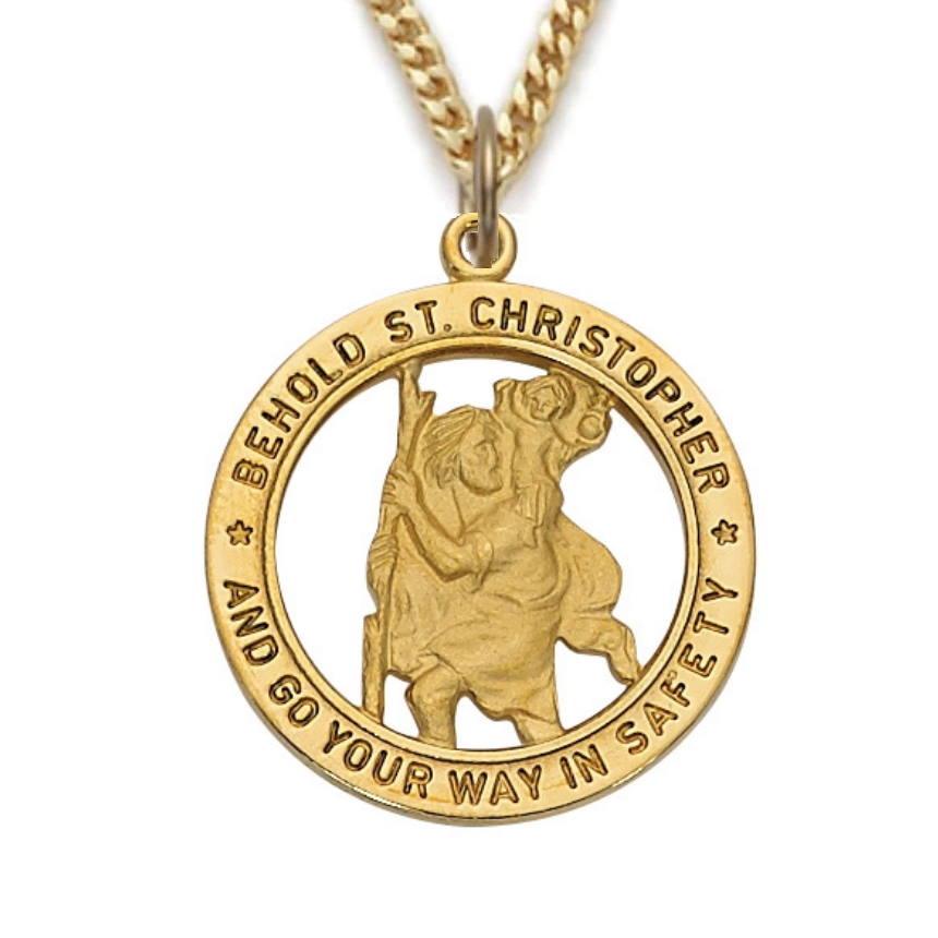 St. Christopher 1" Gold Circular Open Pendant - 24" Chain - Saint-Mike.org