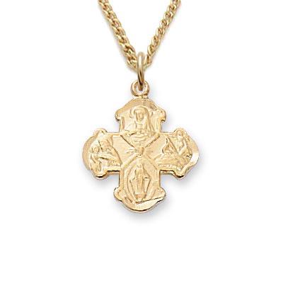 Small Gold Over Sterling Kids Four-way Medal Necklace .5" Pendant - 16" Chain - Saint-Mike.org