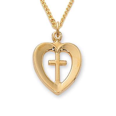 Women's Gold Heart with Gold Inside Cross .625" Pendant - 18" Chain - Saint-Mike.org
