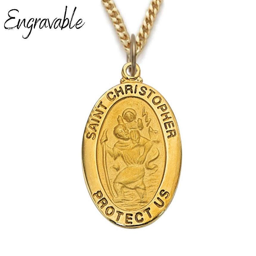 Oval St. Christopher Medal 1" Gold Over Sterling Silver - 20" Chain - Saint-Mike.org