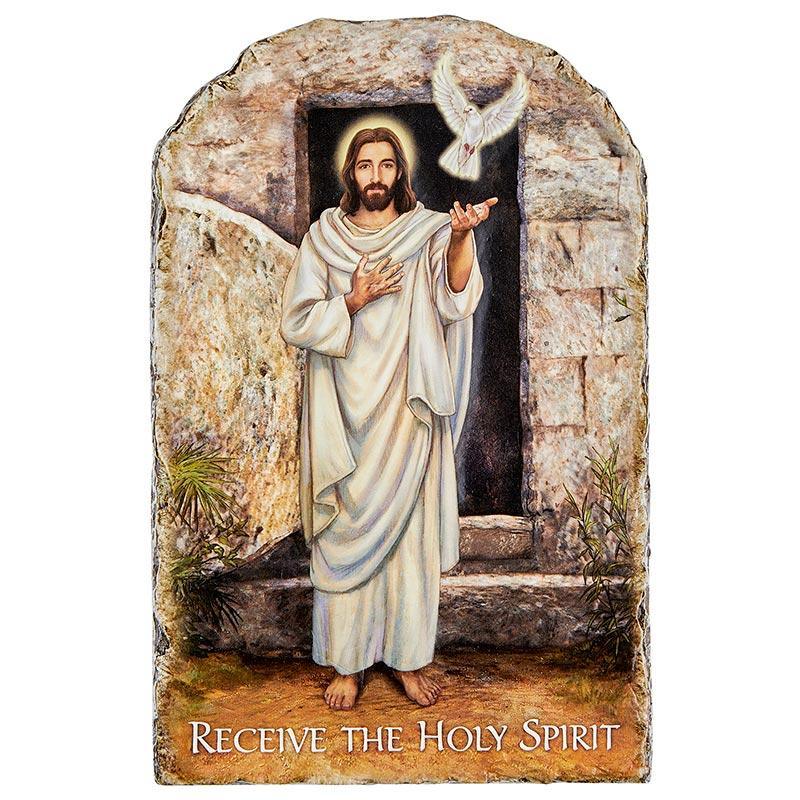 Receive Holy Spirit Arched Tile Plaque with Wire Stand (Marco Sevelli Collection) - 8.5" H - Saint-Mike.org