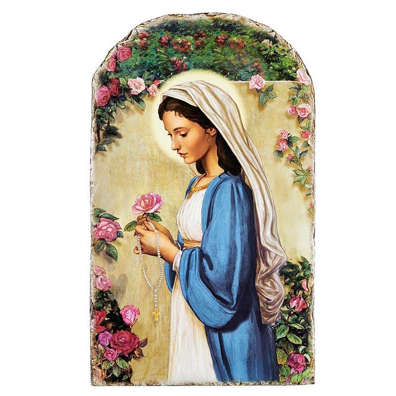 Madonna of the Rose Arched Tile Plaque - 15" H - Saint-Mike.org