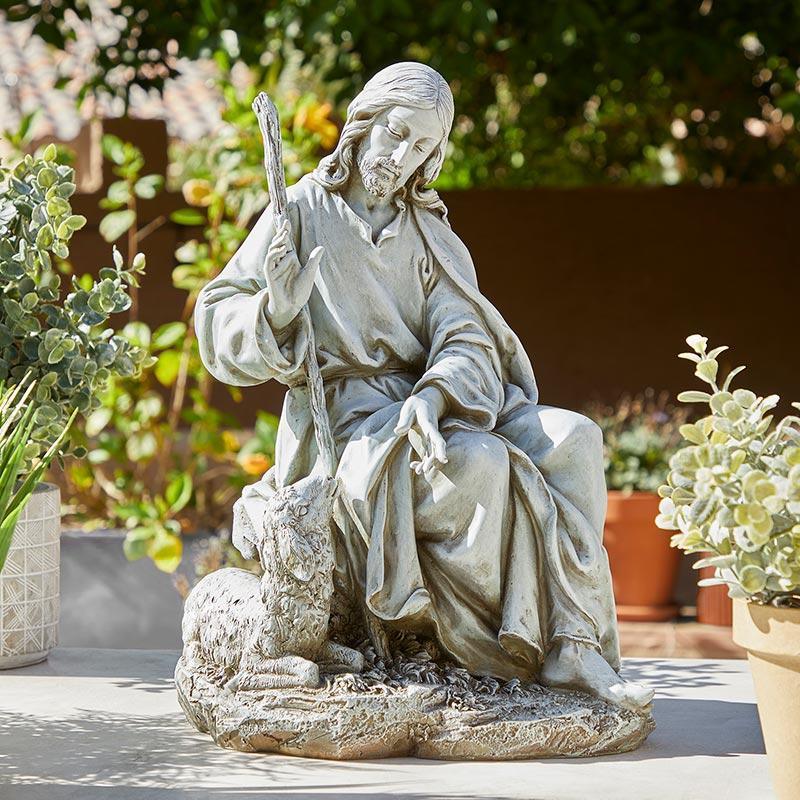 Good Shepherd Stone Resin Statue (Garden of Life Collection) - 17.5" H - Saint-Mike.org