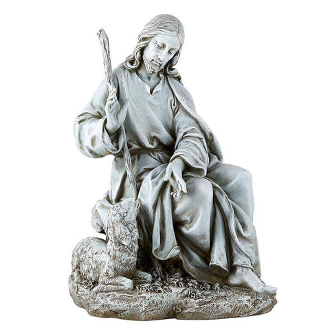 Good Shepherd Stone Resin Statue (Garden of Life Collection) - 17.5" H - Saint-Mike.org