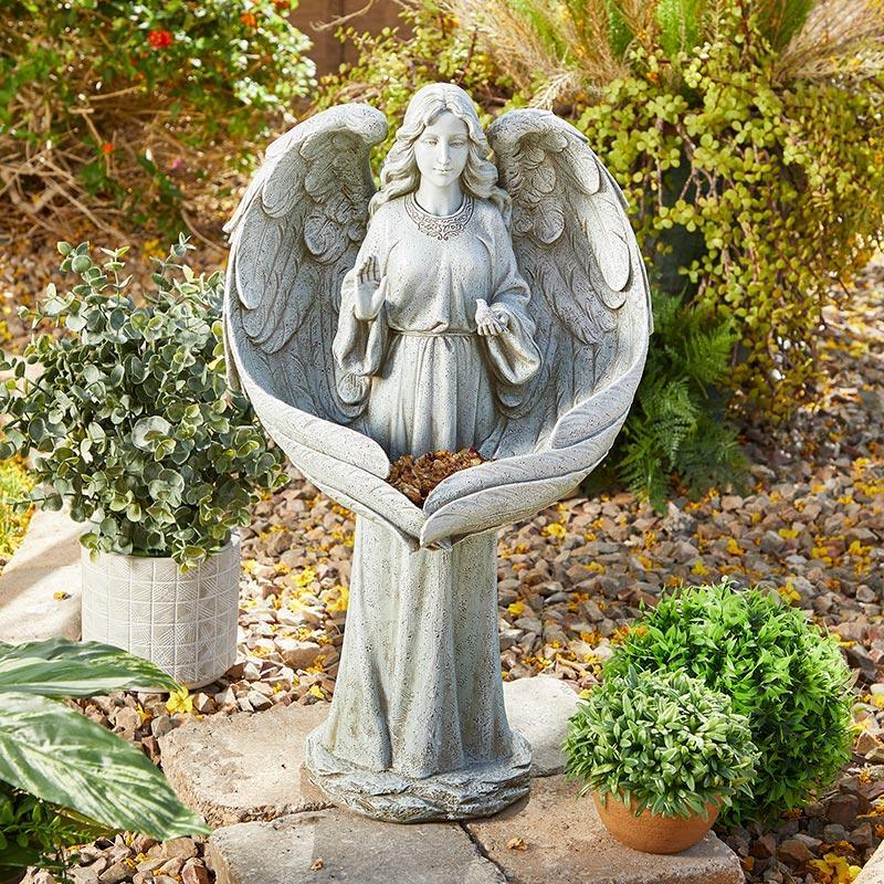 Angelic Bird Feeder Stone Resin Statue (Garden of Life Collection) - 21.25" H - Saint-Mike.org