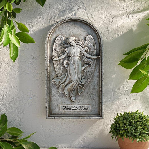 Angelic Angel Arched Stone Resin Plaque (Garden of Life Collection) - 12" H - Saint-Mike.org