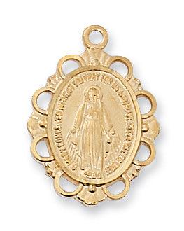 Gold Miraculous Medal .75" Oval With Lavish Trim - 18" Chain - Saint-Mike.org
