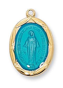 Blue Enamel Mother Mary .75" Pendant Gold Trimming - 18" Chain - Saint-Mike.org