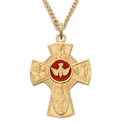Gold Four-way Medal Red Enamel Holy Spirit .90" Pendant - 18" Chain - Saint-Mike.org
