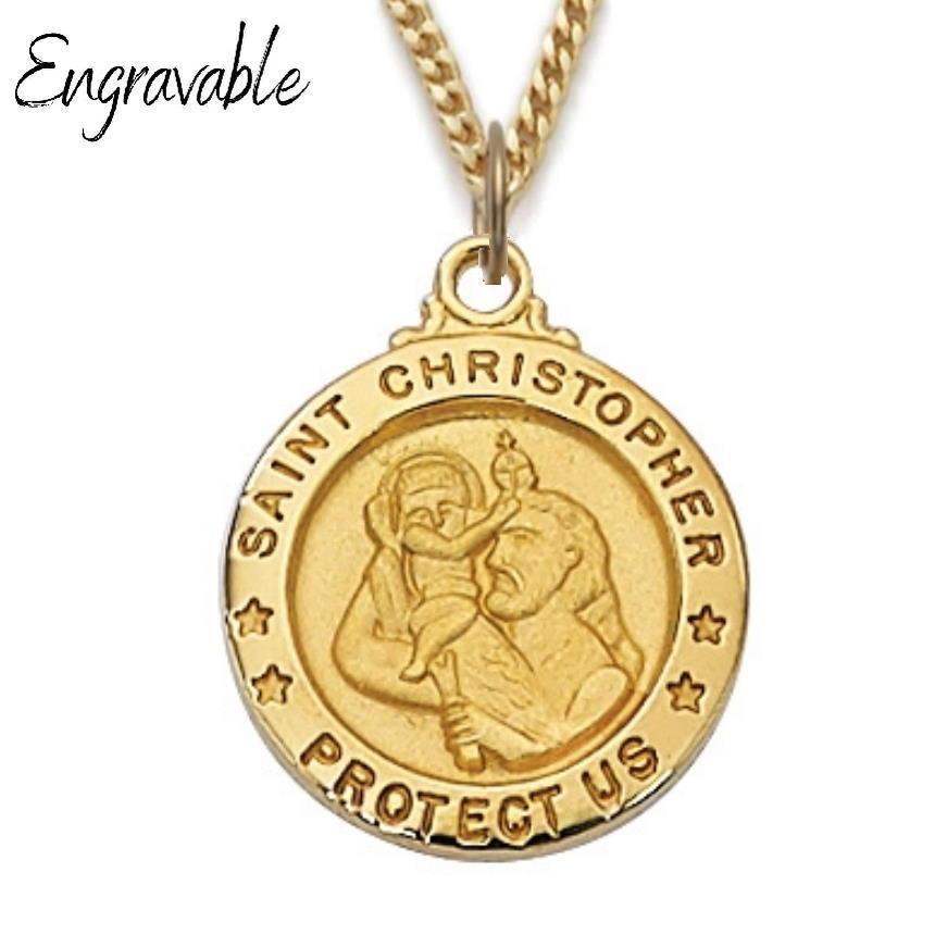 St. Christopher Medal .625" Diameter Gold Over Sterling Silver Circular Pendant - 18" Chain - Saint-Mike.org