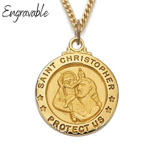 St. Christopher Medal .625" Diameter Gold Over Sterling Silver Circular Pendant - 18" Chain - Saint-Mike.org