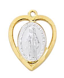 Two-tone Gold Heart Sterling Silver Mary Necklace - 18" Chain - Saint-Mike.org