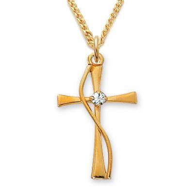 Women's Gold Cross with Curved Vine and CZ Center Stone 1" Pendant - 18" Chain - Saint-Mike.org