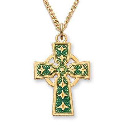 Women's Gold Celtic Cross with Green Inlay .75" Pendant - 18" Chain - Saint-Mike.org