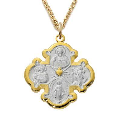 Two-tone Gold and Sterling Four-way Medal .75" Pendant - 18" Chain - Saint-Mike.org