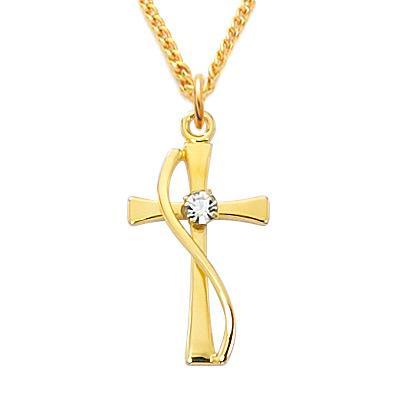 Women's Gold Cross with Curved Vine and CZ Center Stone .8125" Pendant - 18" Chain - Saint-Mike.org
