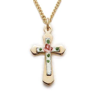 Small Cloisonne Cross on Gold Cross for Women - 18" Chain - Saint-Mike.org