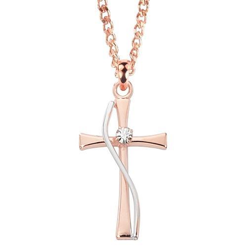 Two-tone Rose Gold Cross & Silver Sash with Crystal Stone - 18" Chain - Saint-Mike.org