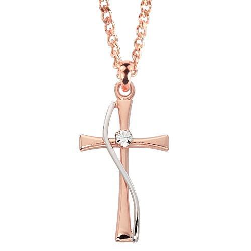 Two-tone Rose Gold Cross & Silver Sash with Crystal Stone 1" Pendant - 18" Chain - Saint-Mike.org