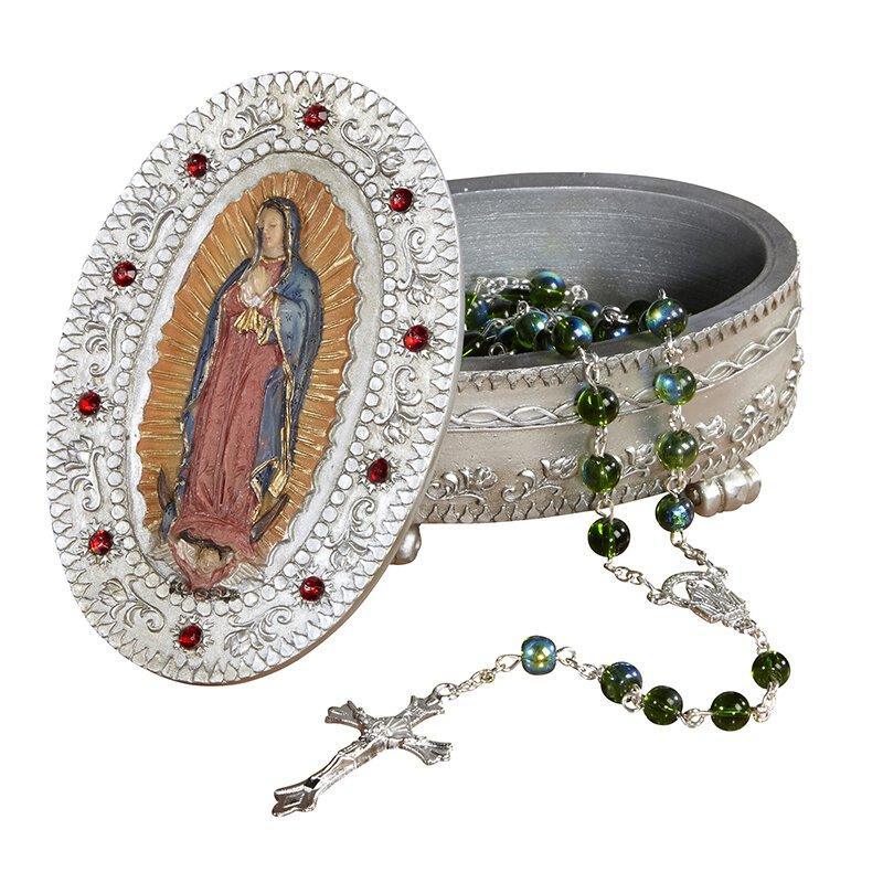 Our Lady of Guadalupe Jeweled Rosary Box - 3.5" H - Saint-Mike.org