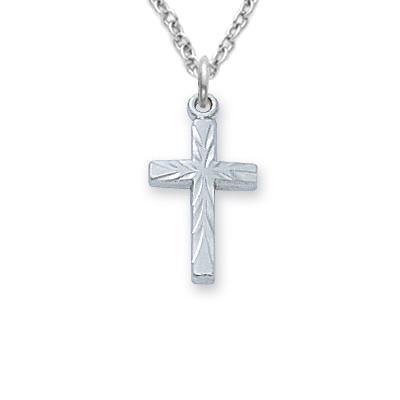 Kids Sterling Small Cross Necklace with Brite Cuts .5" Pendant - 16" Chain - Saint-Mike.org