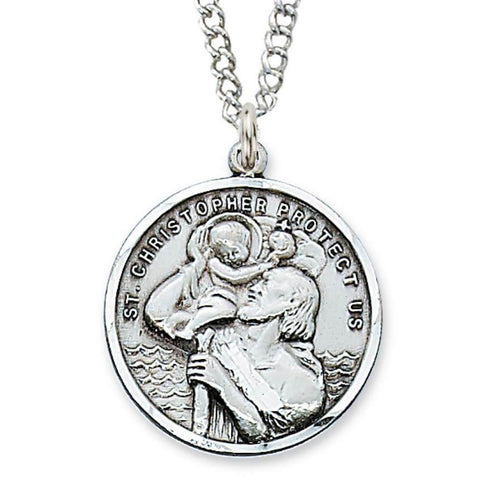 St. Christopher Medal 1.125" Diameter  Sterling Silver Pendant - 24" Chain - Saint-Mike.org