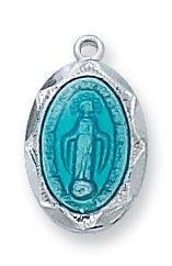 Sterling Silver Blue Enamel .5" Miraculous Mary Pendant - 16" Chain - Saint-Mike.org