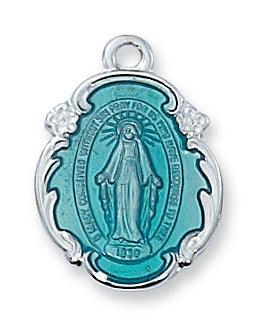 Two-tone Sterling Silver Blue Enamel Miraculous Medal - 18" Chain - Saint-Mike.org