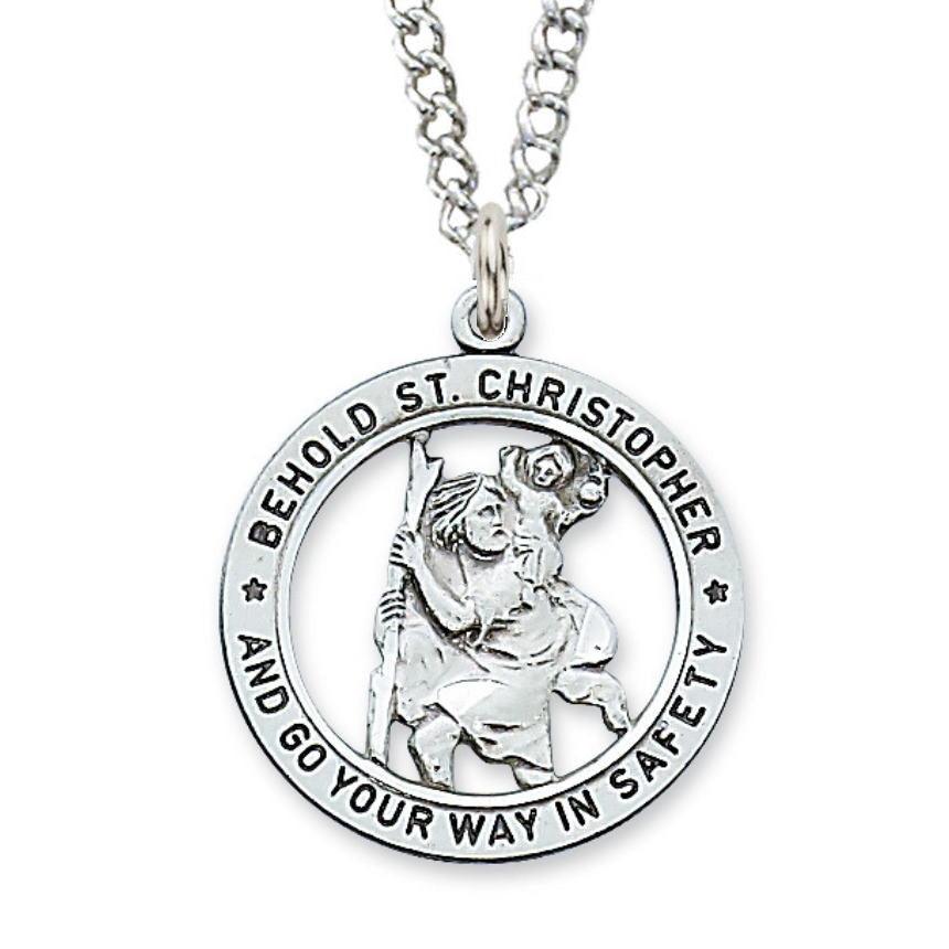 St. Christopher 1" Sterling Silver Circular Pendant - 24" Chain - Saint-Mike.org