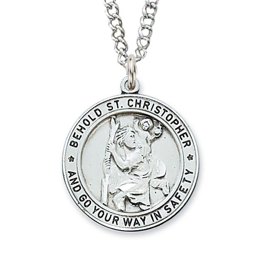 St. Christopher 1" Diameter Sterling Silver Pendant - 24" Chain - Saint-Mike.org