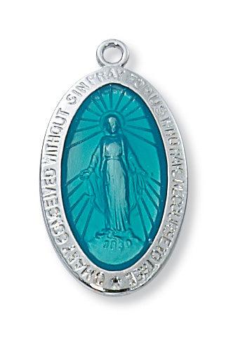 Sterling Silver Blue Enamel 1" Miraculous Medal Necklace - 18" Chain - Saint-Mike.org