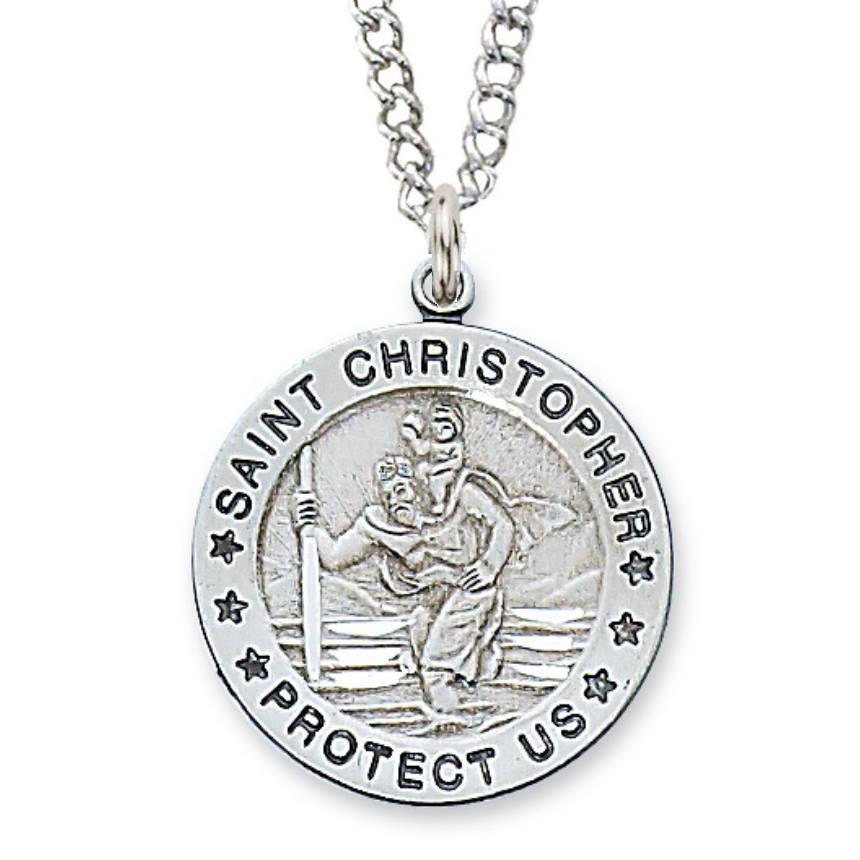 St. Christopher Medal .75" Sterling Silver Pendant Necklace - 24" Chain - Saint-Mike.org
