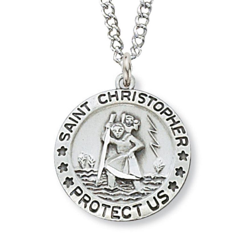 St. Christopher Medal .875" Sterling Silver Pendant Necklace - 18" Chain - Saint-Mike.org