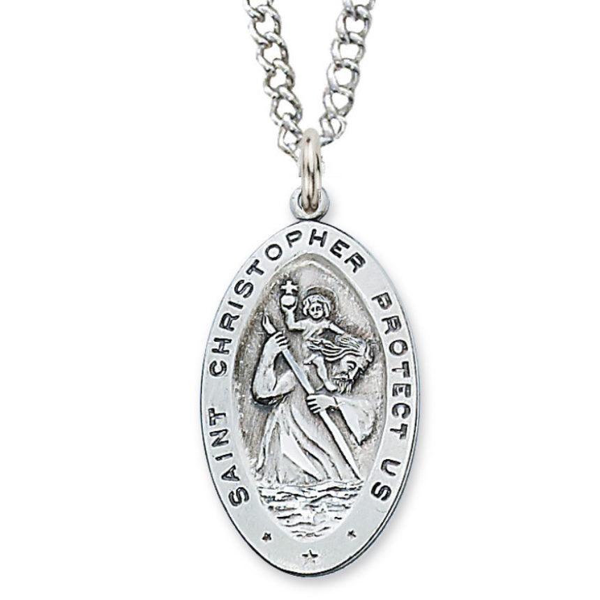 St. Christopher 1.31" Oval Sterling Silver Medal - 24" Chain - Saint-Mike.org
