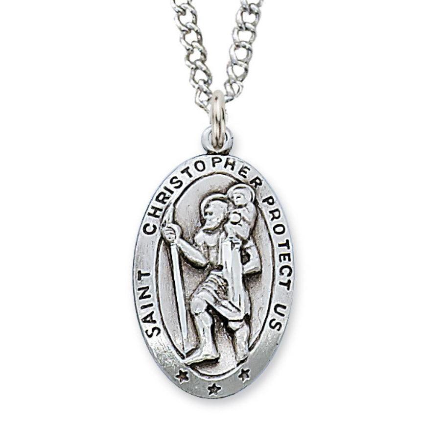 St. Christopher Medal 1.125" Oval Sterling Silver Pendant Necklace - 24" Chain - Saint-Mike.org