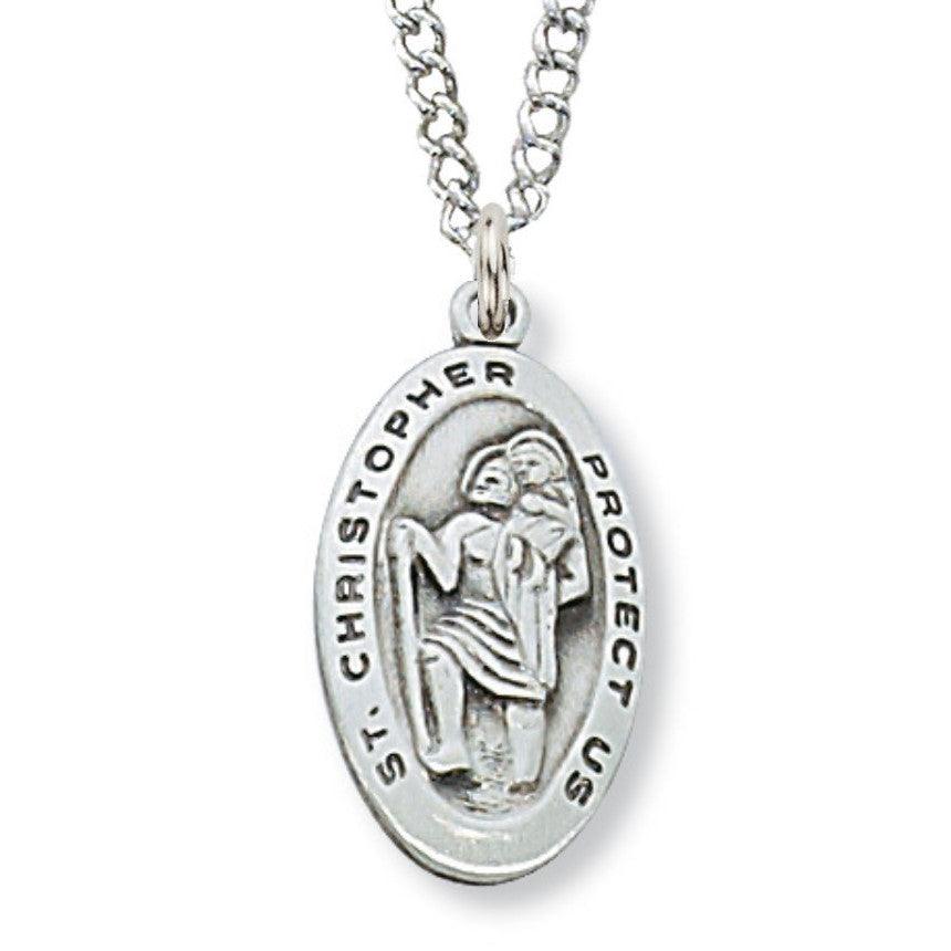 St. Christopher Medal .75" Oval Sterling Silver Pendant Necklace - 18" Chain - Saint-Mike.org