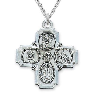 Large Cross Four-way Medal Chain Sterling Silver 1" Pendant - 20" Chain - Saint-Mike.org