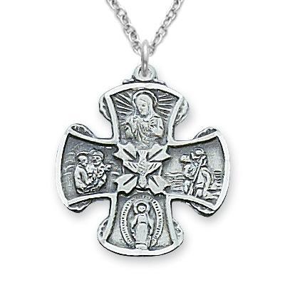 Sterling Silver Four-way Medal Necklace .75" Pendant - 18" Chain - Saint-Mike.org