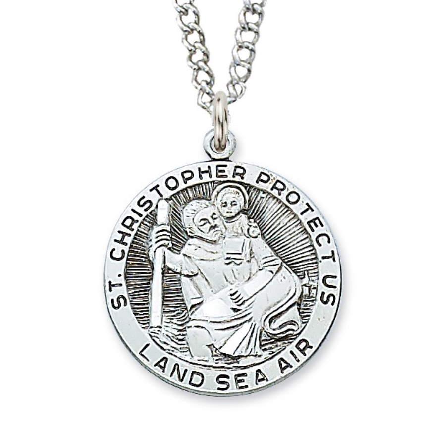 St. Christopher Medal 1.125" Diameter Sterling Silver Pendant Necklace - 24" Chain - Saint-Mike.org